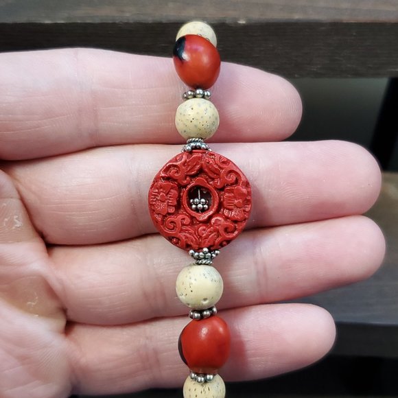 7 Inch Sterling Silver Floral Craved Tan And Red Material Bracelet - Picture 1 of 7
